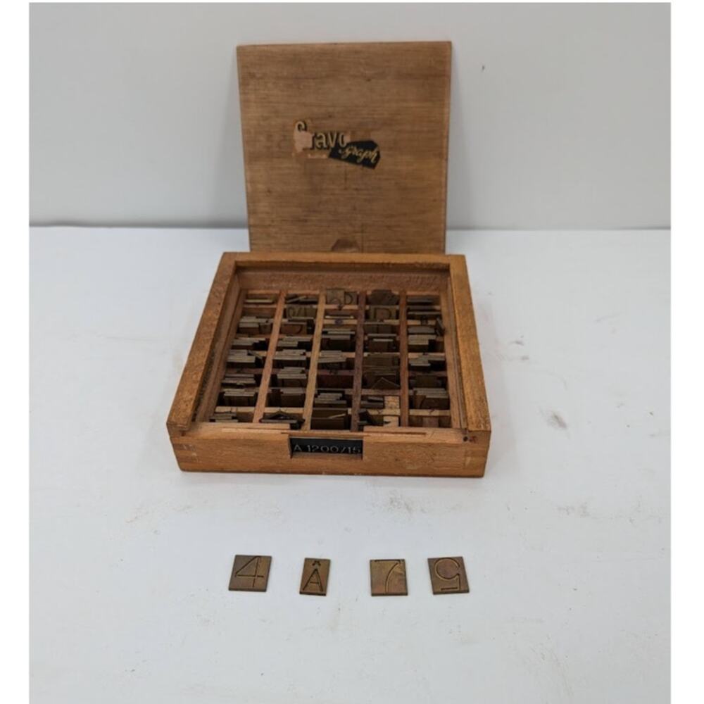 Gravograph Miscellaneous BRASS letters Typeset Printer 3/4" tall 2 LBS woodbox